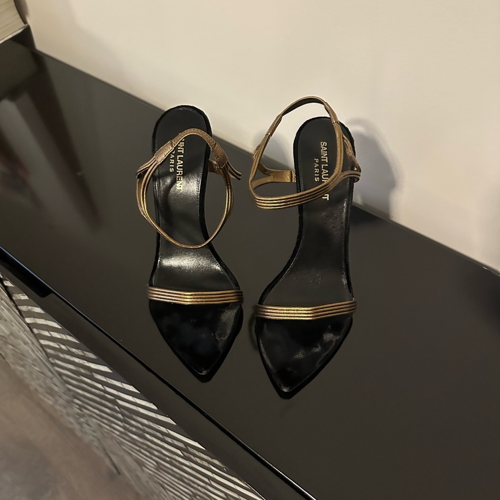 Saint Laurent Black and Gold Strappy Heels - Picture 6 of 10